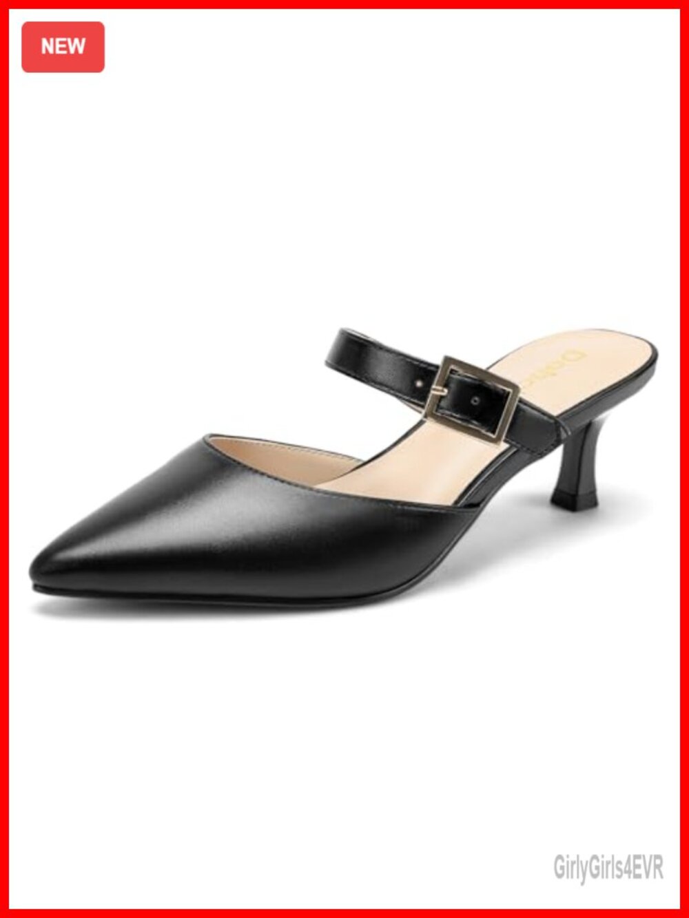 Women's Pointed Toe Kitten Heel Mules Faux Leather Slip On Buckle Strap Low